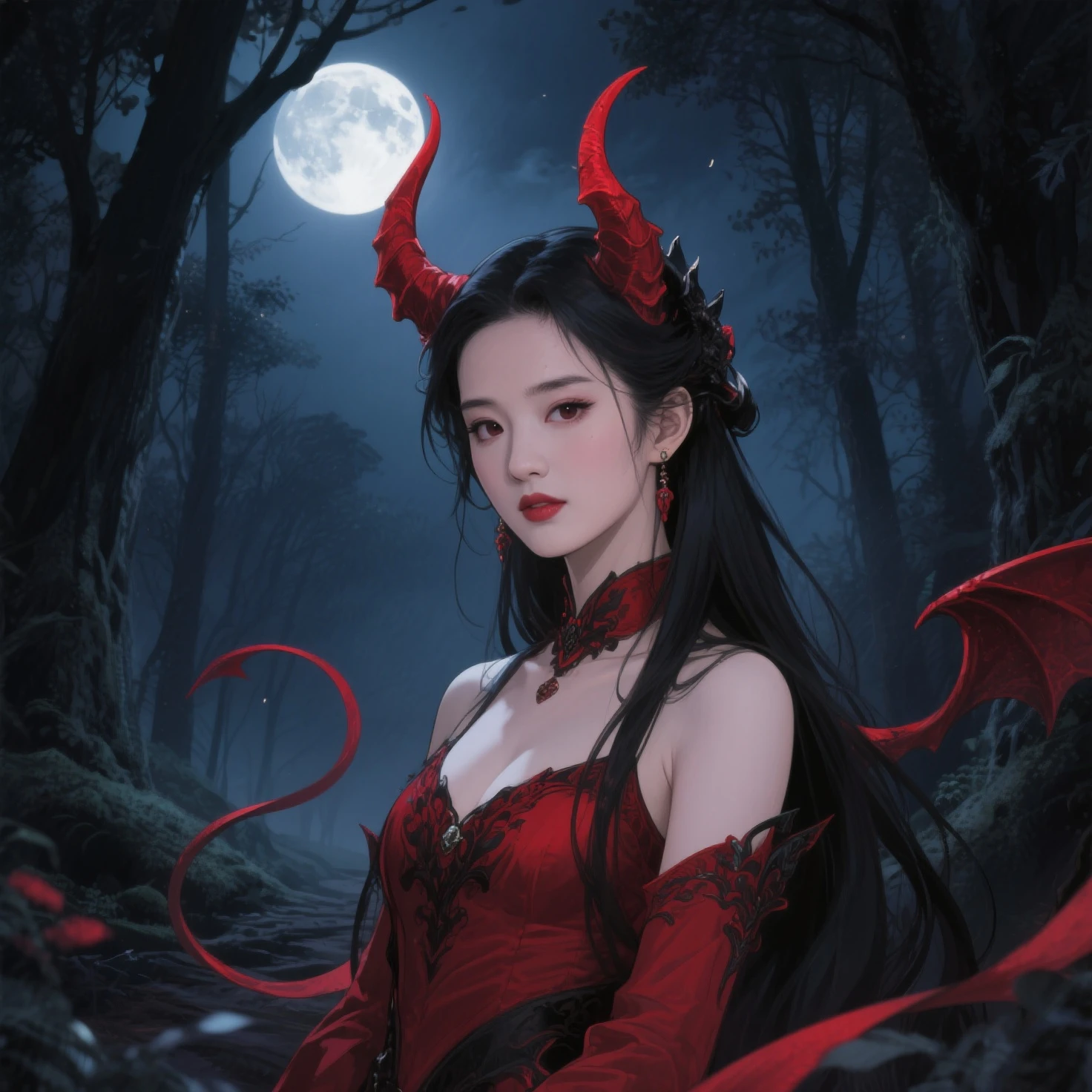 (Red: 1.5) demon horns, ((anatomically correct: 0.6)), (umamusume), (Fair skin), Voluptuous, Sexy, Busty, Curvy waist, Plump butt, Detailed long red/black dress with (red: 1.5) long sleeves, (Front facing), Standing, Long black/orange hair, (Red: 1.0) glowing eyes, pointy ears, Ultra-detailed face, Highly Detailed Lips, Detailed Eyes, Female_demoness, rha30,pie eyes, Professional, Highly Detailed, (((High Quality))), ((Masterpiece: 0.3)), ((Night)) ((Dense foresty area with clouds and moon over head: 1.5)) (soft light coming off of moon: 1.0),
