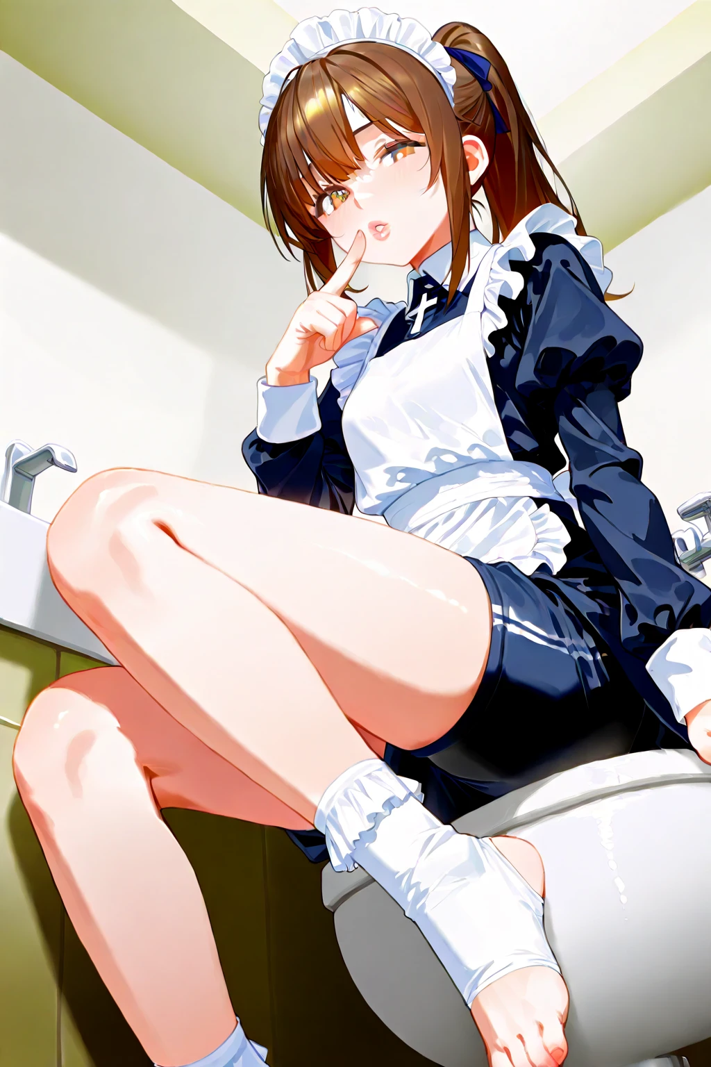 (((masterpiece, Highest quality, High resolution, 超High resolution, Perfect Pixel, Depth of written boundary, 4K, RTTX 10.0))), Beautiful Anime Women, Beautiful art style, Anime characters, ((Smooth texture, Realistic texture, Anime CG Style)), Exact finger count、Exact number of legs、(Exact number of arms:1.0, Exact number of hands:1.0), (Perfect hands, Perfect Anatomy), Cinematic, Realistic, Extremely detailed CG, Daytime lighting, Perfect lighting, Best Shadow, The best natural light, whole body, Perfect body, バランのとれたPerfect body, Perfectly balanced style, (Slender body:1.2), ((Long Hair, bangs, Reddish brown hair, Wavy hair)), ((One cute girl is standing, lifting her skirt and putting her hand in her panties:1.8), (Put one hand in your panties:1.8):1.3), ((Bow tie around neck, High heels:1.3), (Sexy and cute pink underwear:1.3), (Stylish shiny pink satin panties, Side-tie pink panties, Panties with a plain center and lace decoration on the sides:1.3), (Thin panties:1.3), (Sexy white dress, thin clothes:1.3), (garter belt, Knee socks:1.3):1.3), (Beautiful big boobs:1.1), ((Embarrassed expression:1.4), blush, (sexual pleasure expression, Pleasant expression:1.5), (The expression of someone who is holding in the toilet:1.4), (Look up, Mouth half open, Eyes half closed:1.2), Limit of patience:1.3), (amusement park, Inside the bustling park, Chair, table, Lots of people in the background々, Outdoor cafe:1.5), naked, In underwear, whole body, Angle from below
