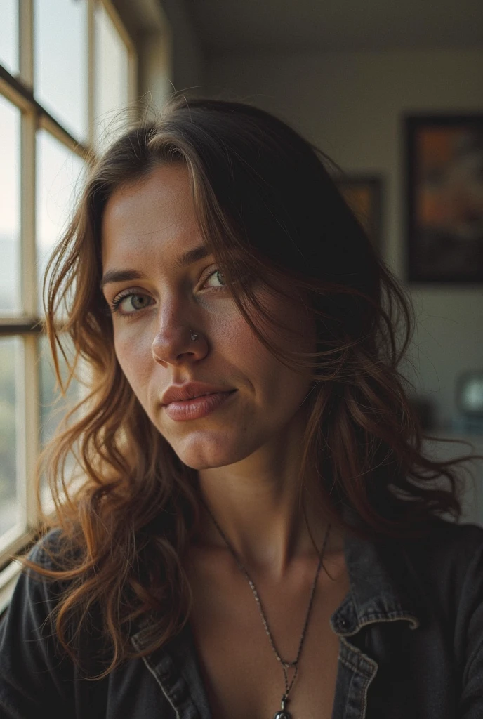 Young petite woman looks horrified and has a surprised expression on her face. Nach dem Aufwachen bemerkt sie, that her breasts have become enormously large overnight. Her whole body can be seen.