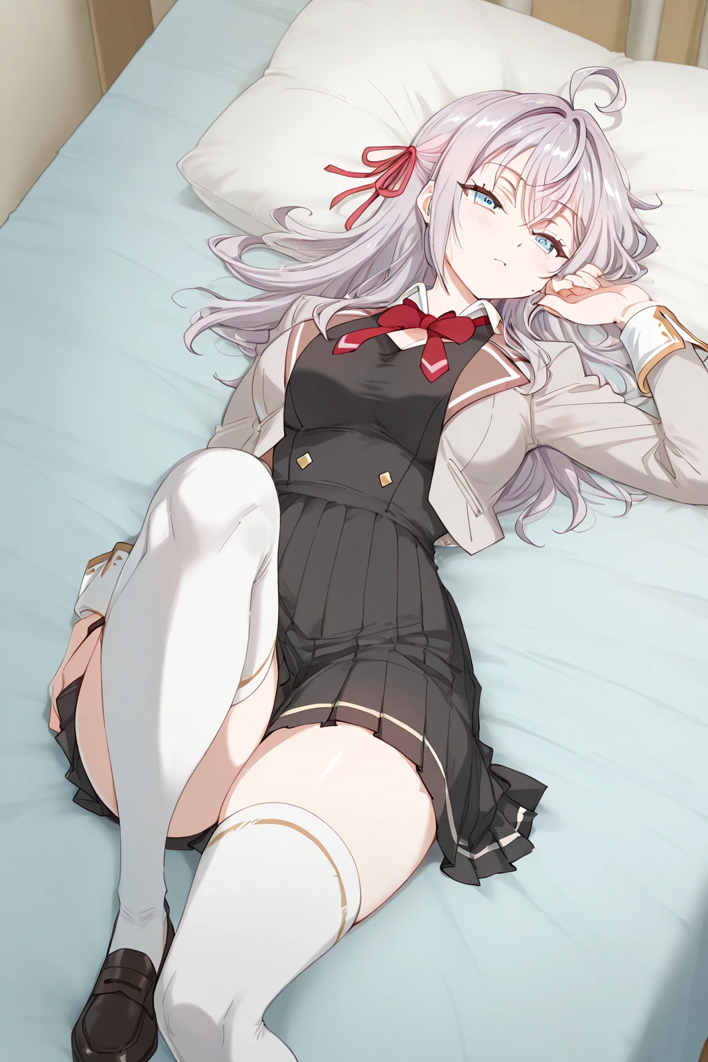 BREAK (masutepiece:1.2), Best Quality, High resolution, Unity 8k壁纸, (Beautiful detailed eyes:1.6), extra detailed face, Perfect Lighting, extremely details CG,女の子1人、独奏、Arisu、(Viewer's Perspective、cowboy shot:1)、(Light purple hair、White hair、Medium Hair) 、Arisu has、beret、Black beret、Black hat:1.2)、(Purple eyes、shining purple eyes:1.3)、(Arisu School、student clothes、Red Blazer、a red jacket、robe blanche 、White skirt、pleatedskirt、Blue bow tie、White Niso、garter strap、Absolute area:1.4)、Naughty big、large full breasts、(Perfect hands, Perfect Anatomy),Look at viewers、a bed、Bedroom、(Sleep on your back:1.3)、(white panties:1.3)、(Skirt that rolls up:1.3)、(Fully exposed panties:1.5)、Puzzled、red blush、(Pushed down on the bed:1.3)