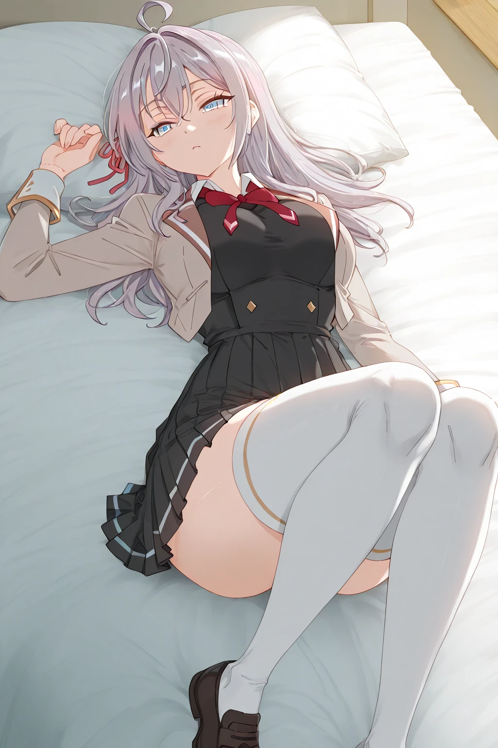 ????, masterpiece, best quality,extremely detailed CG unity 8k wallpaper,
lying on bed, yoga pose, raised legs, holding both legs up,
1girl,louise francoise le blanc de la valliere, black cape,school uniform, black thighhighs,