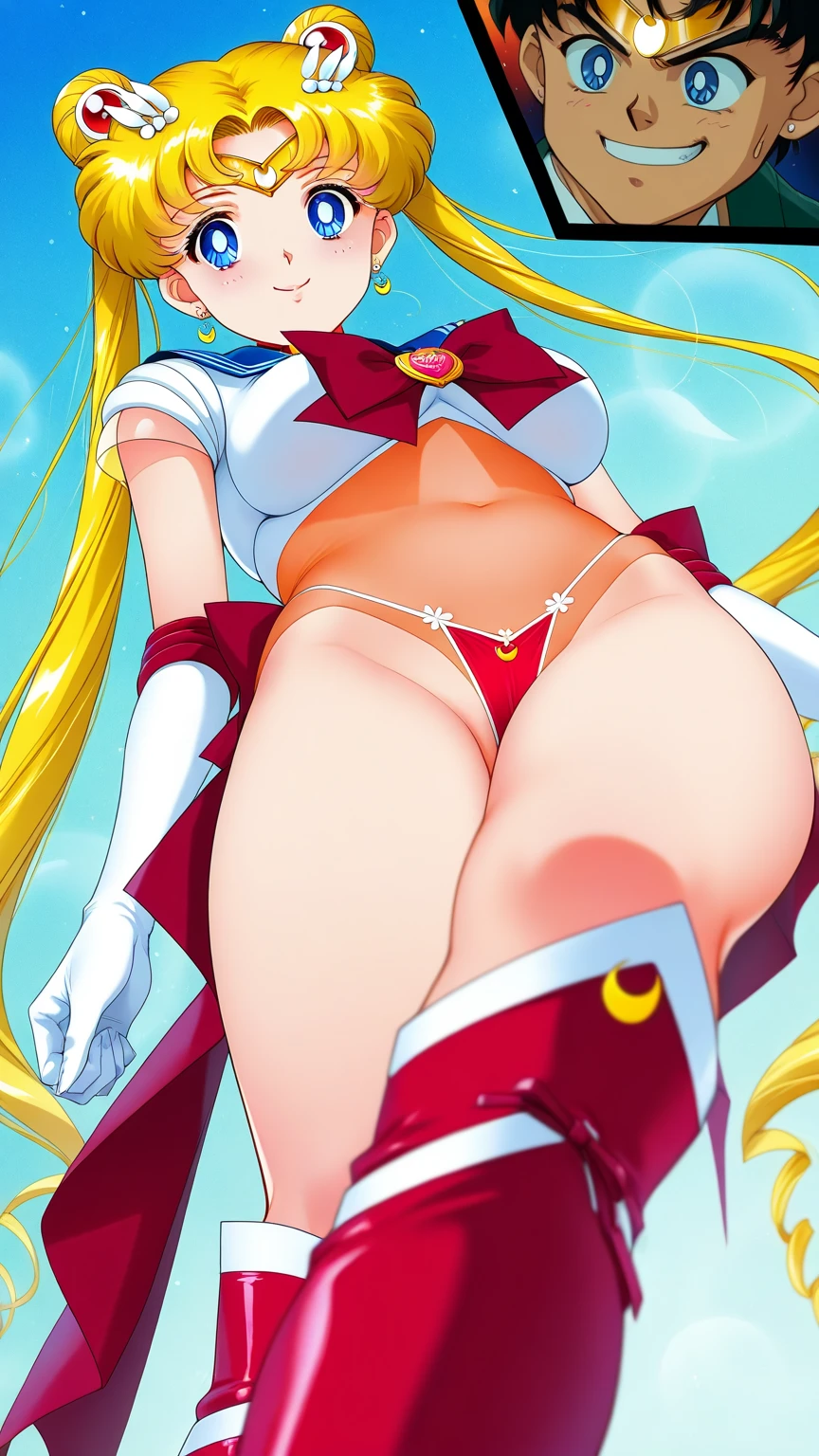 (masterpiece, best quality), beautiful girl, Sailor Moon, lying, (detailed beautiful eyes) medium body shot,legs up,