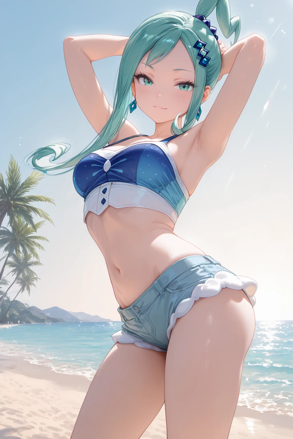 (high resolution, full body, soft skin:1.2),(best illustration,masterpiece:1.2),ultra-detailed,[(cat ears , aqua blue inside:1.2, blue twin tail hair, aqua blue eyes, cat eyes, tan skin),vivid colors,sharp focus, sun lighting,bokeh, wearing a red plaid swimsuit, smiling 