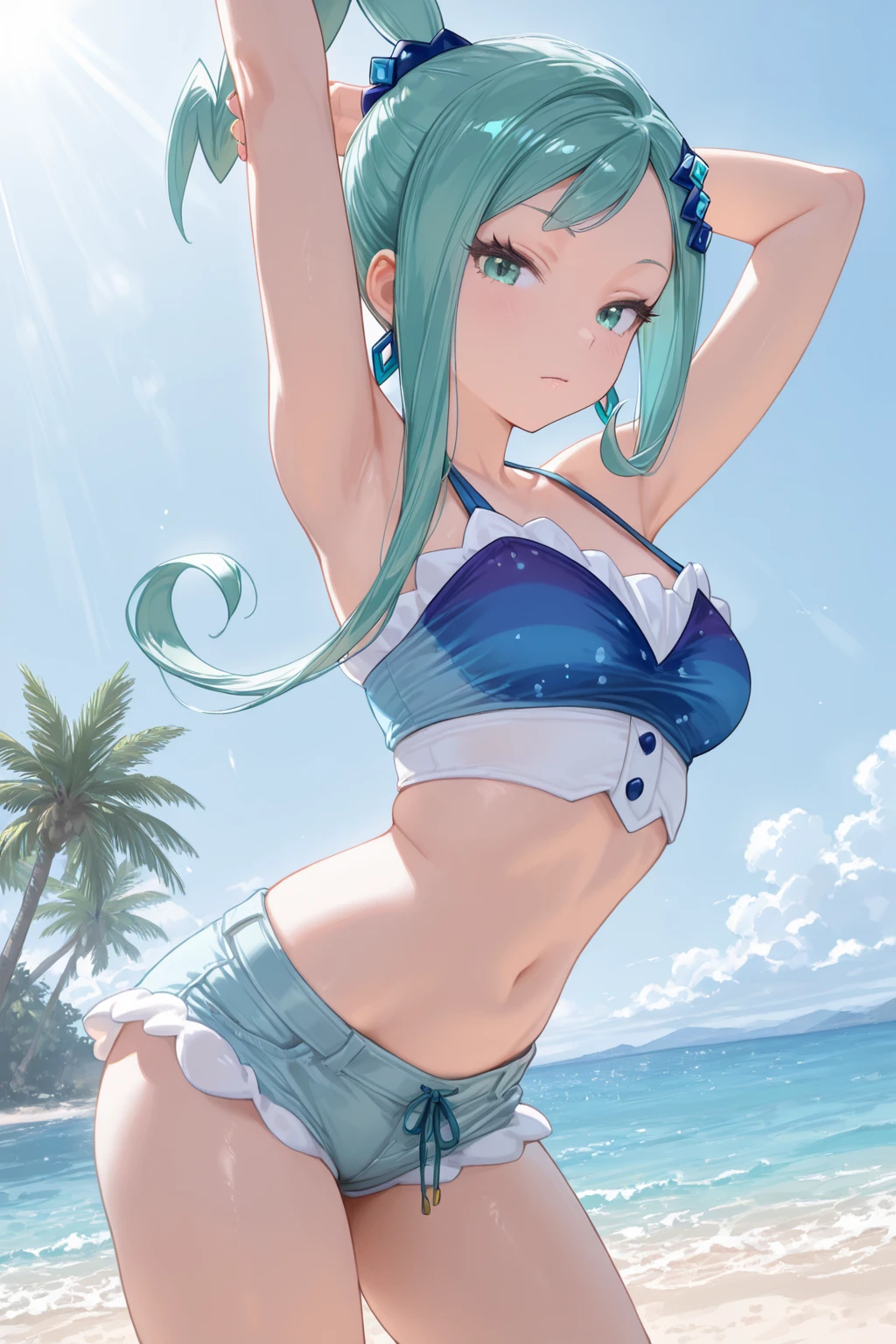 pink green hair,Bikini underwear,teens girl,Background is the beach,anime visual of a cute girl, happy and spirited expression