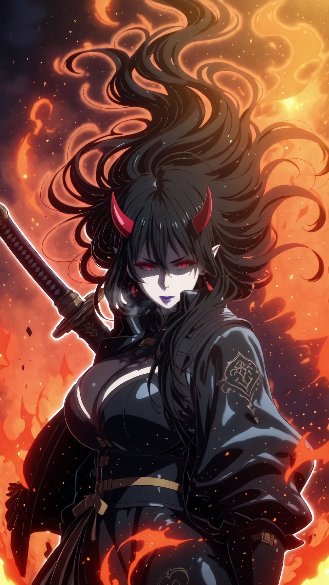 (jam-orbital-style:1.2), (zonda_(solid_air)-style:1.2), ((anatomical correct)), ((Cinematic, unreal engine, eye-catching, ambient occlusion, UHD, masterpiece)), ((perfect lighting, soft shadow)), perfect body, perfect eyes, perfect fingers, gasping, heavy breathing, gasping profusely, ((skindentation)), ((curvy)), enigma, vampire, long hair, ((black hair)), hair between eyes, red eyes, pale skin, purple lips, lipstick, pointy ears, big breasts, (voluptuous:1.5), (mature female:1.5), ((white outline)), (aura), (black aura:1.2), weapon, 1girl, horns, fog, solo, sword, katana, earrings, jewelry, looking_at_viewer, floating_hair, japanese_clothes, armor, shaded face, closed_mouth, breasts