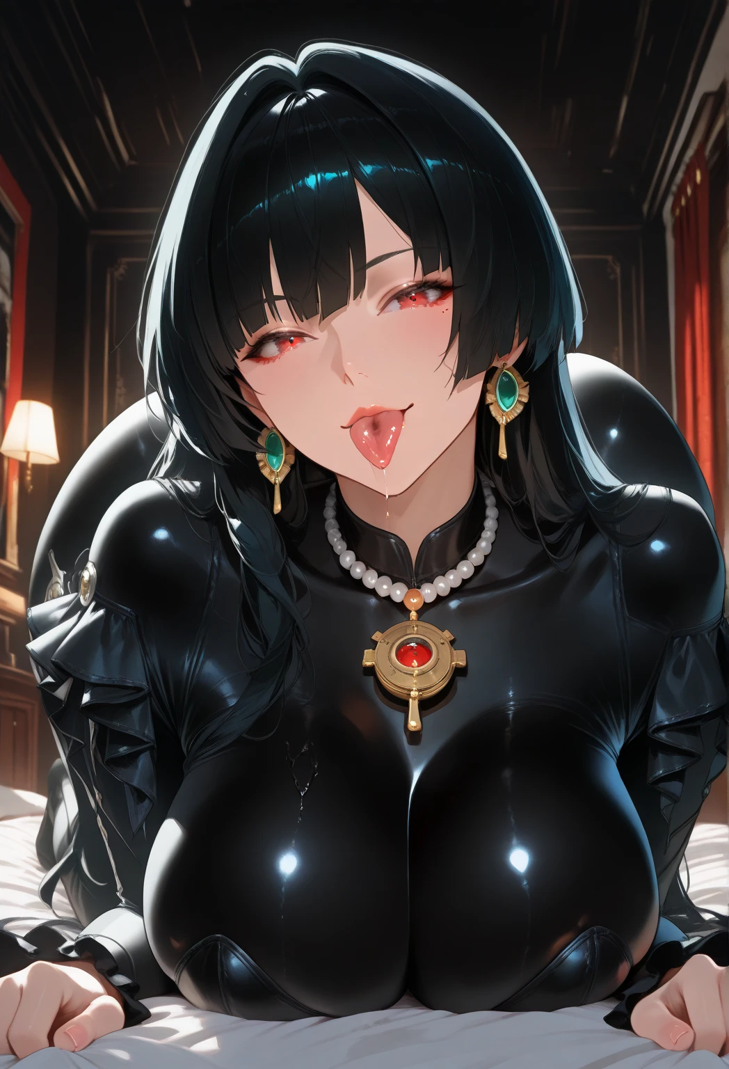 Score 9、Score 8 up、Score 7 up、Score 6 up、Score 5 up、Score 4 up、Ratings clearly stated、 (High resolution、8k、Highest quality、Highest quality、masterpiece、Very detailed)、Soft Lighting、Volumetric lighting、 One Girl、Black long hair、Heart Eyes、Red Mouth Veil、Blowjob under the veil of the mouth、 Hourglass Shape、Thick body type、Skin irregularities、 One Boy、Big penis、Penis with protruding veins、Front view