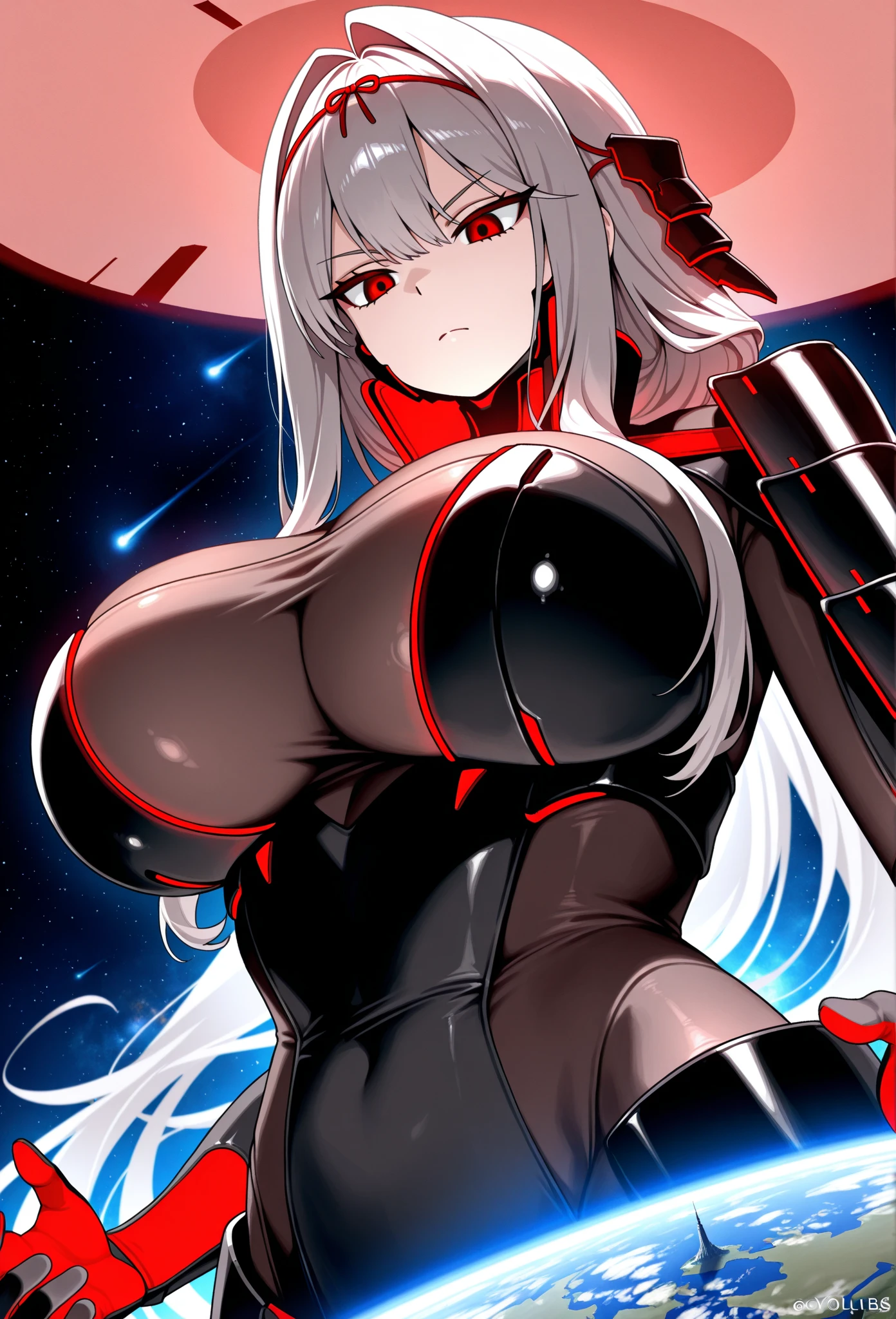 1girl, white hair, large breasts, breasts, thick thighs, wide hips, red eyes, bodysuit, black bodysuit, pantyhose, long hair, science-fiction, tech, futuristic, black pantyhose, neon, neon trim, anime style, 2d, anime screencap, red neon trim, hourglass figure, one-eye covered, hair over one eye, hair over one-eye, thigh strap, serious, leotard