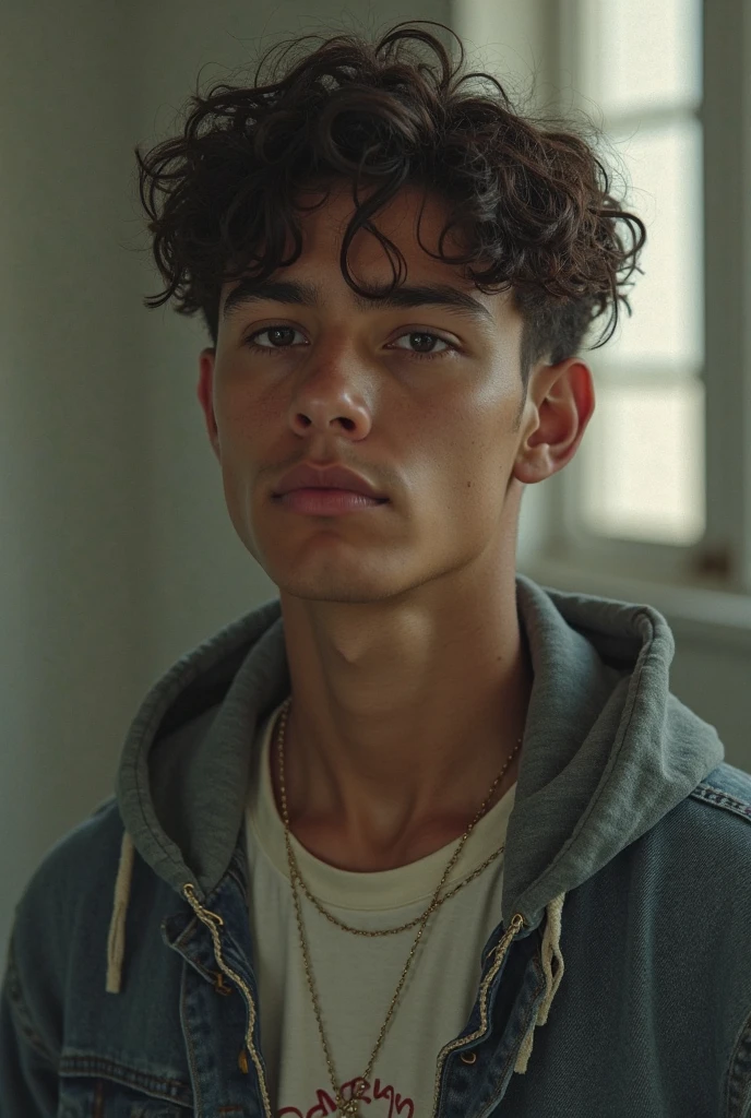 17-year-old . He has slightly tanned skin, brown eyes and black curly hair that reaches his ears, his most distinctive feature is the various piercings he has, one on the lower lip, one on the nose and another on the navel. He usually wears baggy clothes and uses a grunge style. Carefree, posing for a photo