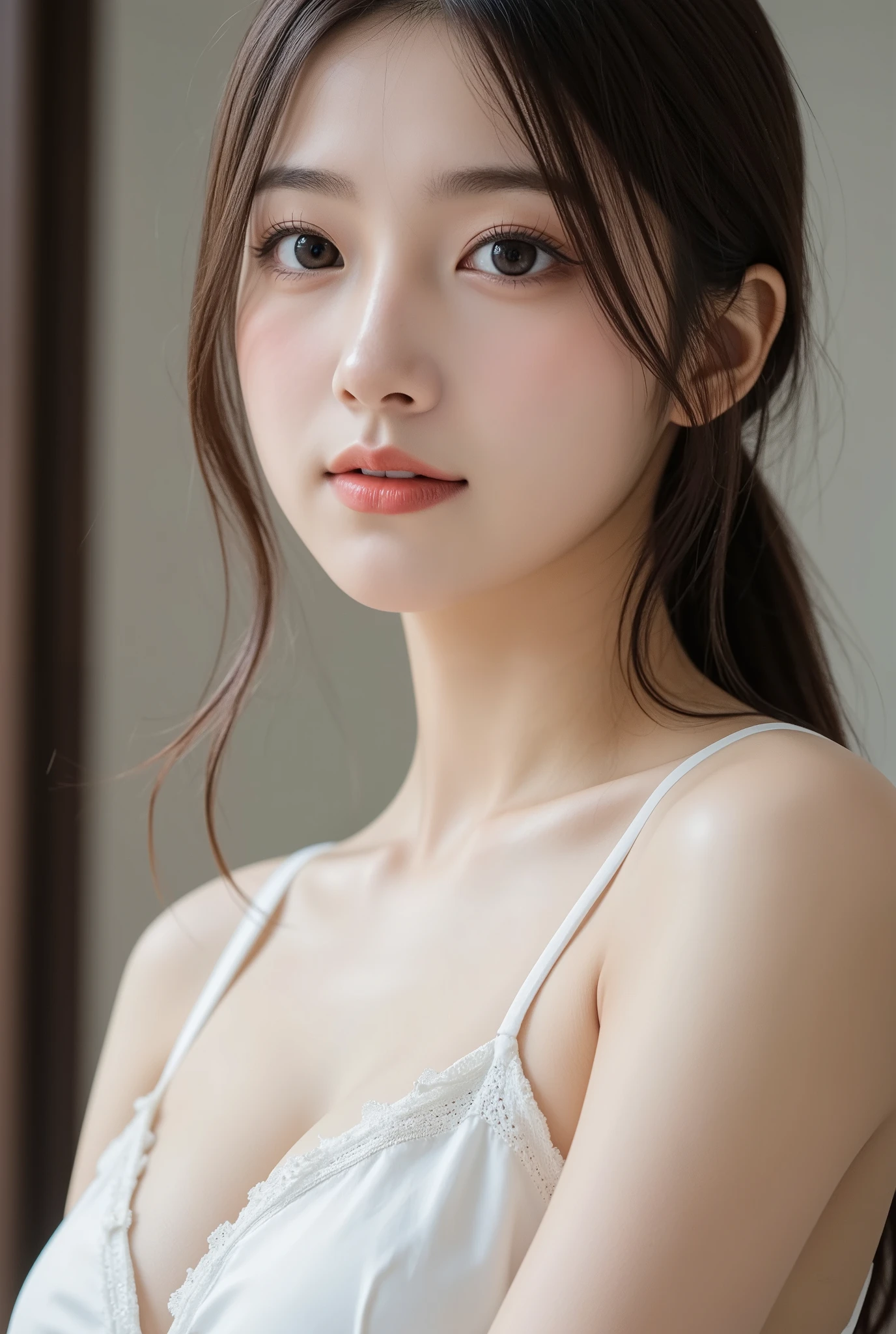 ((最high quality, 8k, masterpiece :1.3)), ((超Big Breasts)),(Slender、slender), whole body、Light brown hair, Blunt bangs, Hair behind the ear, Hair that falls over the shoulders, Long Hair, Ultra debtine debtace, Thin face, Delicate lips, Beautiful Eyes, Light blush, eyes are light brown, Perfect glowing skin, Perfect Skin, Shining Sweat,Have a look at this, Ultra-thin needle, Very thin fingers, The optimal ratio is four fingers to one thumb, (Realistic:1.3), White blouse with sheer sleeves、White wall、First Person View, debtuji debtilm, debt/1.2, 8k, Tabletop, んdebtdebt, Super Detail, high quality, 最high quality, High resolution,Abdominal muscles,Six Pack,Big Breasts