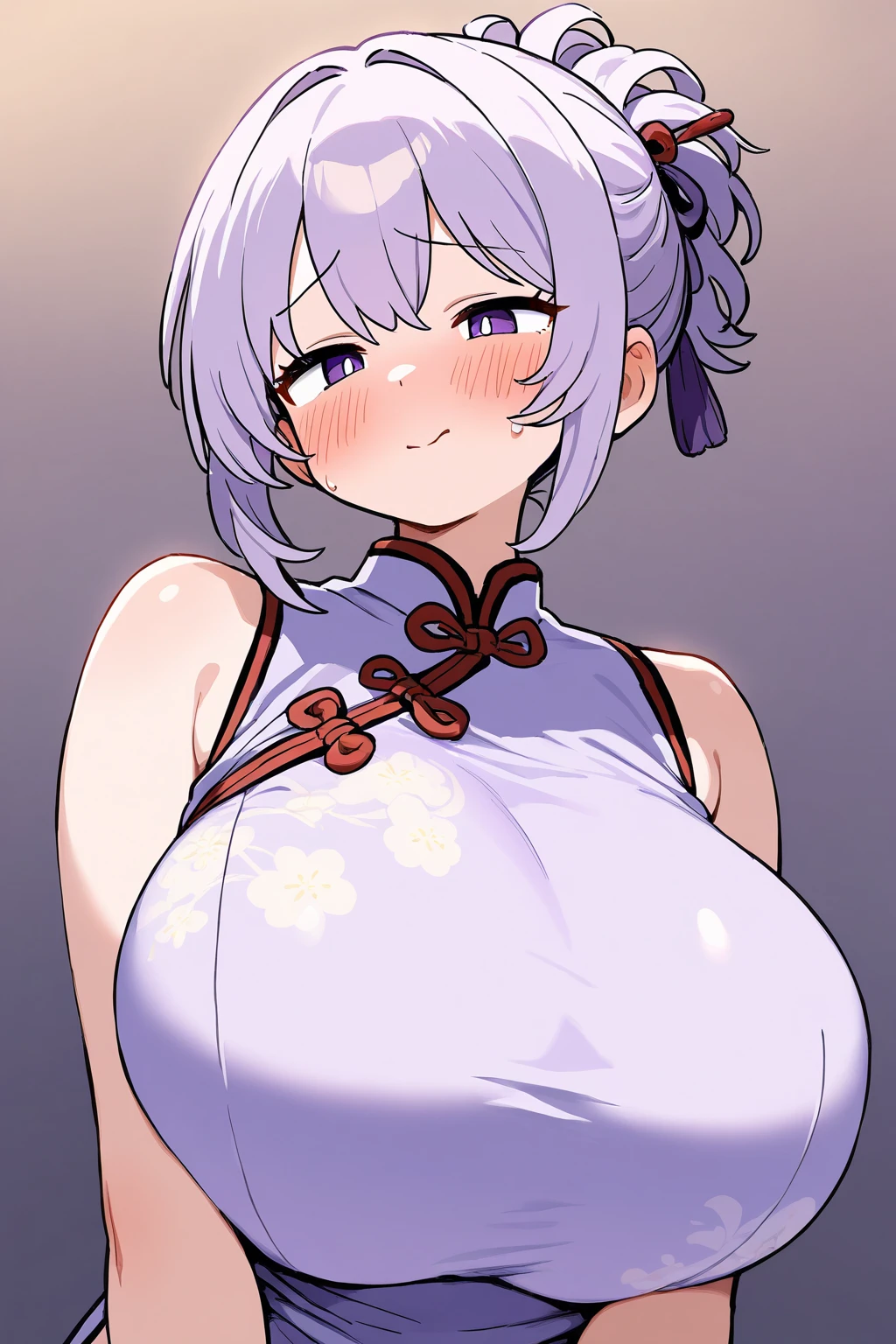 Female mechanic、(((nsfw、Fantasy)))、Swollen nipples、Red eyes、Blunt Bangs、Silver Hair、Bobcut、Chubby、Purple Ao Dai、Hands on chest、((vapor))、((:d、Embarrassing))、(Sweat)、(Huge breasts)、Fat belly、Thick thighs、Dark concrete room、Glasses、