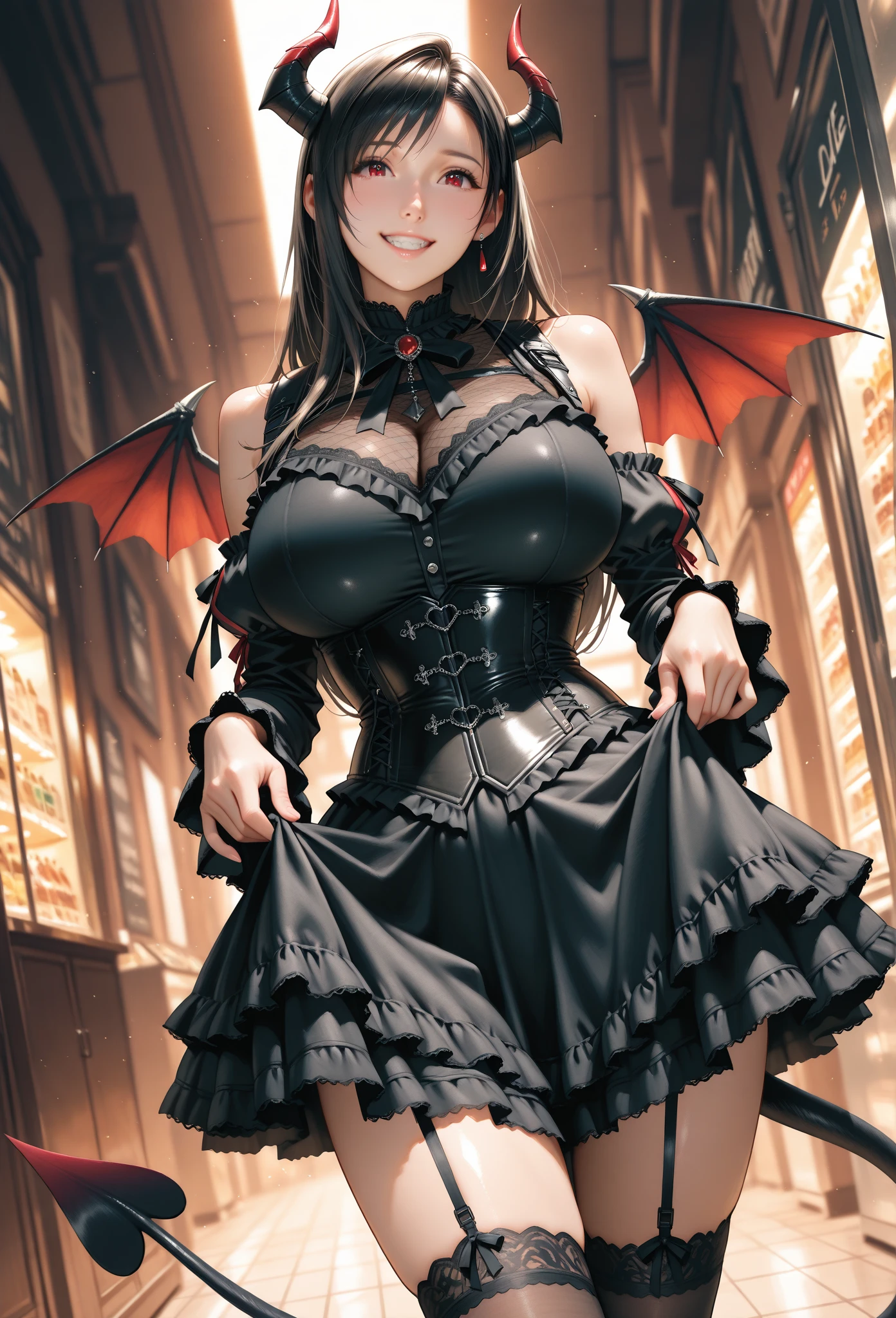 1girl, 20 years old, (latina:1.6), gyaru, brown hair, twintails, nose blush, flirting, seductive smile, (drunk:1.3), grin, (makeup, eyeshadow:1.2), blue eyes,  blush, looking at viewer, (athletic body with large breasts:1.4), wearing a gothic floral caipira dress, thicc muscular, cute face, dimples, perfect makeup, large breasts, long legs, flirting with the viewer, cleavage, (muscular legs:0.6), (tan skin:1.2),  <lora:add_detail:0.5>,  masterpiece, best quality,  (fantasy countryside background:1.3), outdoors,  <lora:FestaJunina:0.8>,  <lyco:SuccubusT:1.0>, SuccubusT, demon horns, demon wings,