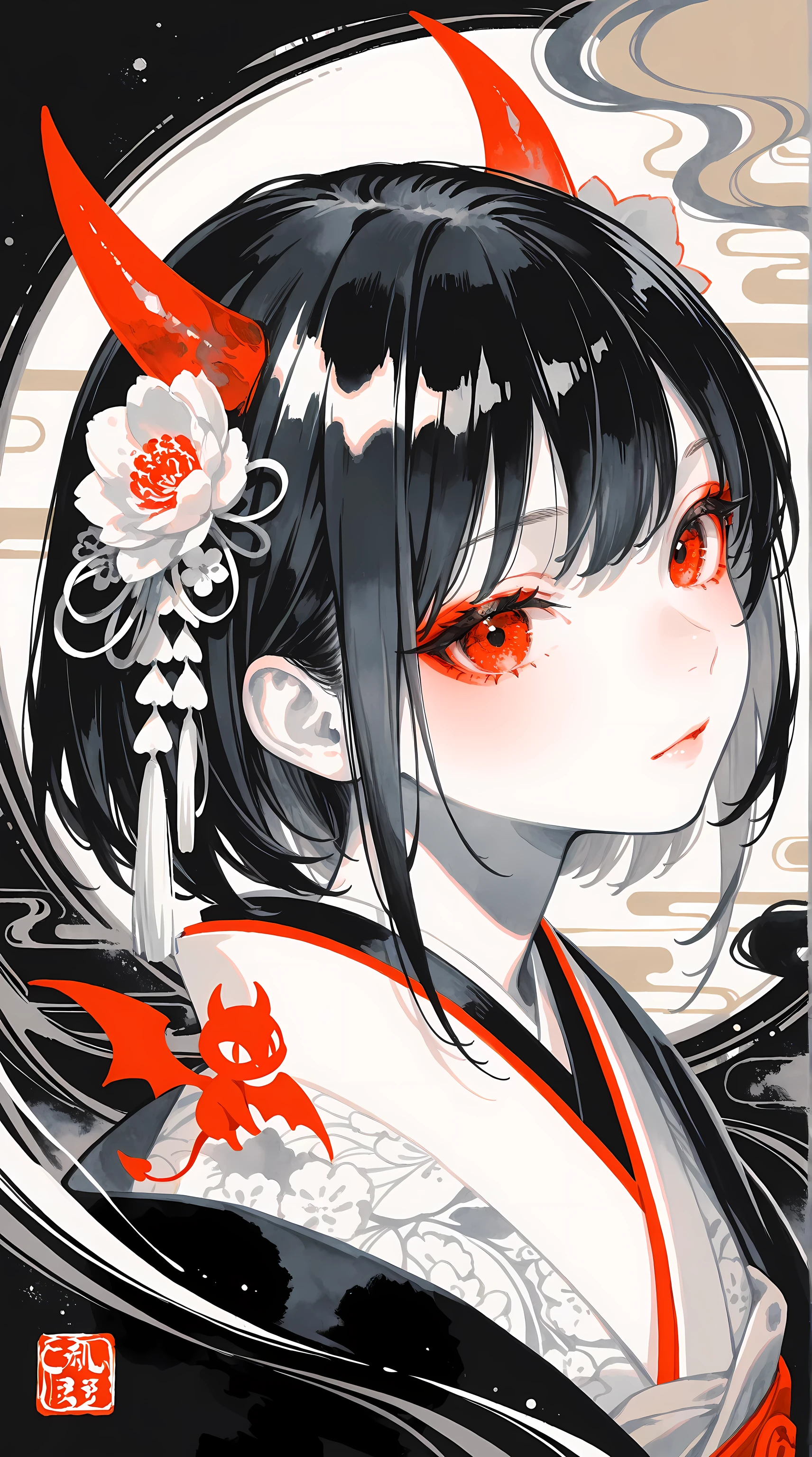 masterpiece, best quality, very awa, very aesthetic, highres, absurdres, 1girl, solo, ink art, watercolor, nihonga, limited palette, abstract, little devil, portrait,