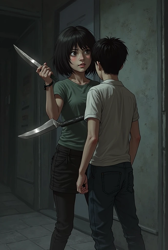 Adult twins dressed in shirts and trousers with knives in their hands, one clean and the other bloody 