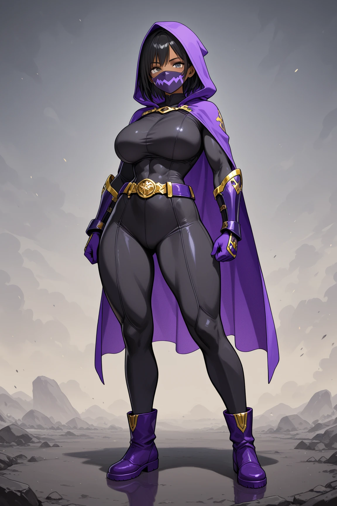 (solo:1.1),(masterpiece), (best quality:1.3), ultra detailed, intricate, professional art, digital art, absurdres, shadraven, (Full body view:1.1), 1girl, solo, (grey skin:1.4), dark purple hair, bob hair, purple eyes, hips wider than shoulders, pear shaped body, jewellery, detailed thighs, thick thighs, red jewel in forehead, jewels, (long sleeved turtleneck leotard:1.3), cuffs, small breasts, (shadraven dark purple cloak), (Shadraven broach:1.2), (Shadraven jewel belt:1.3), Shadraven wearing a long sleeved leotard posing outside at night, long legs, ( crotch bulge:1.4), large penis, large testicles, erection under clothes, side angle view, looking at viewer, bubble butt , gluteal crease, universal lighting,,