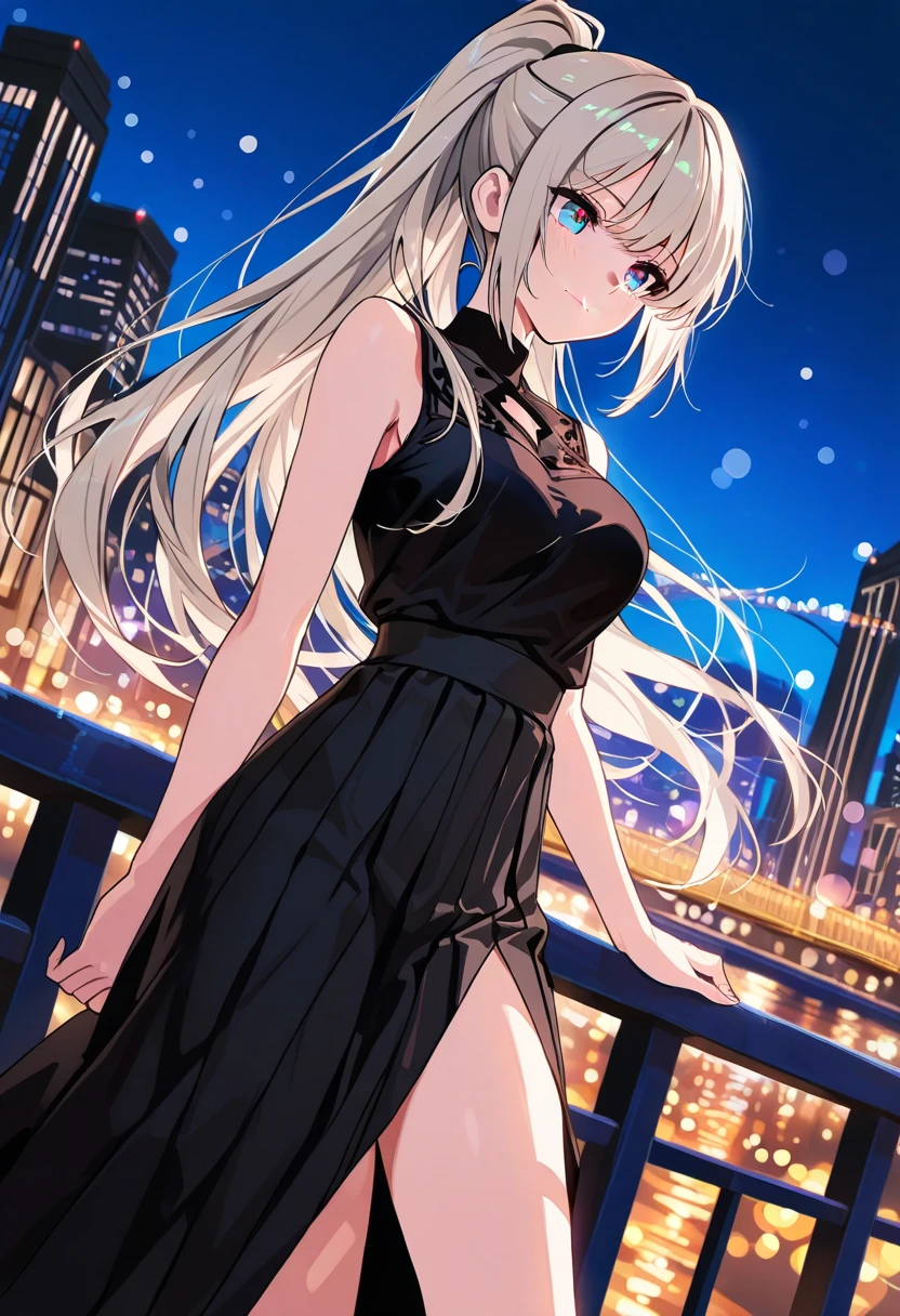 high res, ultrasharp, 8K, masterpiece, City in the desert at night, viele Sterne, Vollmond, Perspektive, Aussicht von Hochhaus, 2girls, Rote und blaue Haare