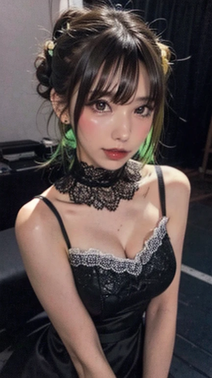 purpleとyellowで構成された絵画最高品質, High resolution,(A frame made of chains and ruins),pretty girl、Small eyes、(Flat Chest), ((Odd colored hair,green,purple,yellow)), beautiful、、Tattered denim pants、Tattered black tank top、Circus、Collar with a large chain、Clown、(He is pointing a bloody knife at the camera)、Bold Pose
