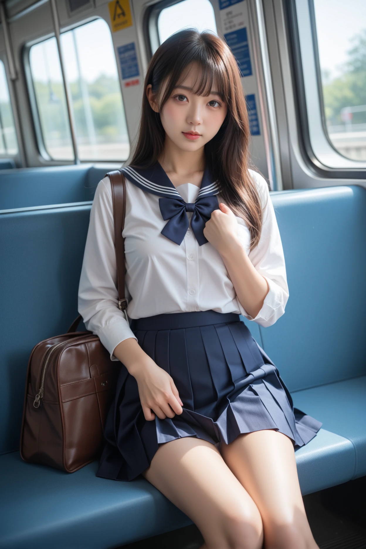 top-quality,ultra - detailed,tmasterpiece,hentail realism,photoreali,Bright lighting,1 girl in, an extremely beautiful 17-year-old girl, (kawaii:1.2),thin smile, (Brown eyes),(A brown-haired),(By bangs),perfect glossy shiny skins,Flawless skin,((erotick,Sexy and sexually explicit)),((Precise pointers，There is no incongruity)), Large full breasts,Big breasts Thin waist, looki at viewer,((a sailor suit)),((Short sleeve uniform white shirt)),(red necktie),(Blue mini pleated skirt),(((skirt lift by yourself))),(lifted by self),(showing panties),panties on,panty focus,((Sit up,spread their legs)), sockes, (Black Knee Socks),(Loafer shoes), In the daytime,On the train,Horizontal bench seat，Turn your back to the window
