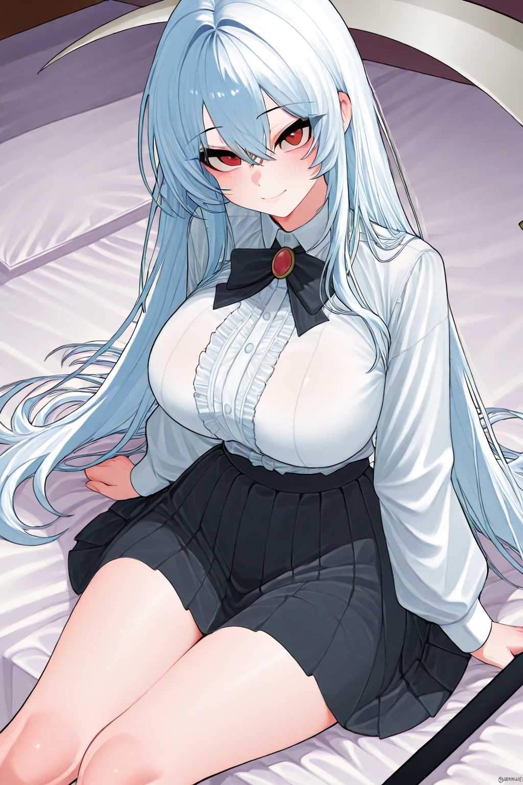 （（（1个Giant Breast Girl）），Ray traching，（dim murky lights），[detailedbackground（Bedrooms）），（（Silvery hair）），（（Silvery hair）），（（（（（Fluffy silver hair，plump and slender girl））Wears a high ponytail）））Avoid golden eyes in the ominous bedroom（（（（Girl wears white shirt，Black wrinkled skirt，Wear yours with black sheer pantyhose），It shows a delicate and slender figure and beautiful curves，Correct limbs，sit on a bed，Put your hands behind your head，Put both hands behind your head，Pregnant belly，Pregnant belly，Pregnant women with