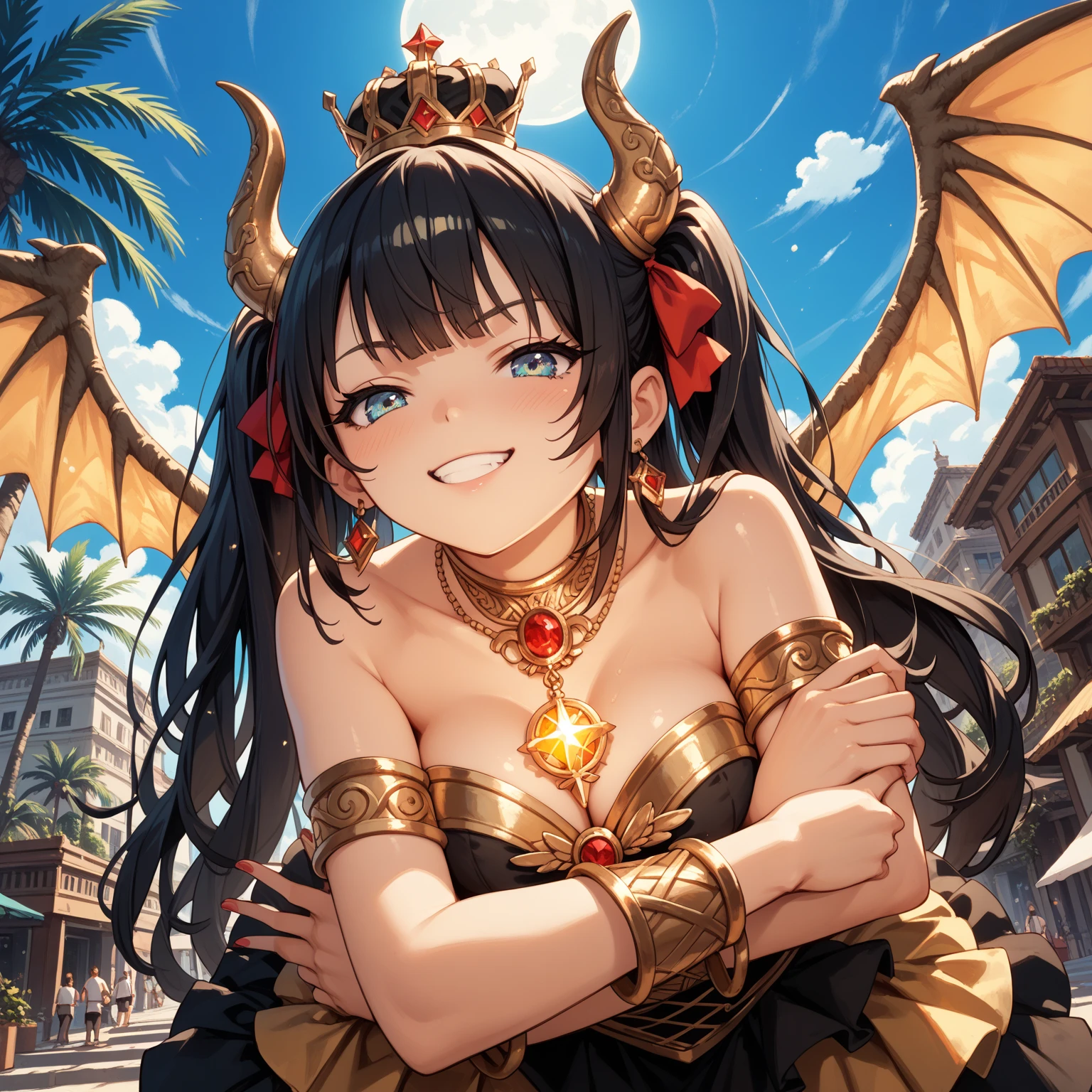 18-year-old,A beautiful woman,Beautiful breasts,Moe,Succubus,bat wings on the back,,Dragon horns on the side of the head,Belly Dancer,Golden accessories,palace