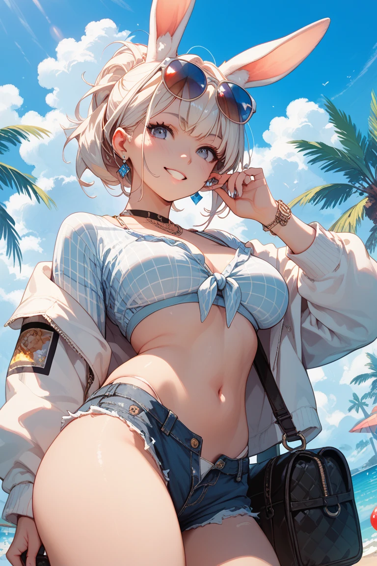 anime character, girl, 18 years old, Gyaru, Tomboy, black skin, blond hair, blue eyes, white bikini, white panties, denim jacket, happy, holding beer on beach, 4k