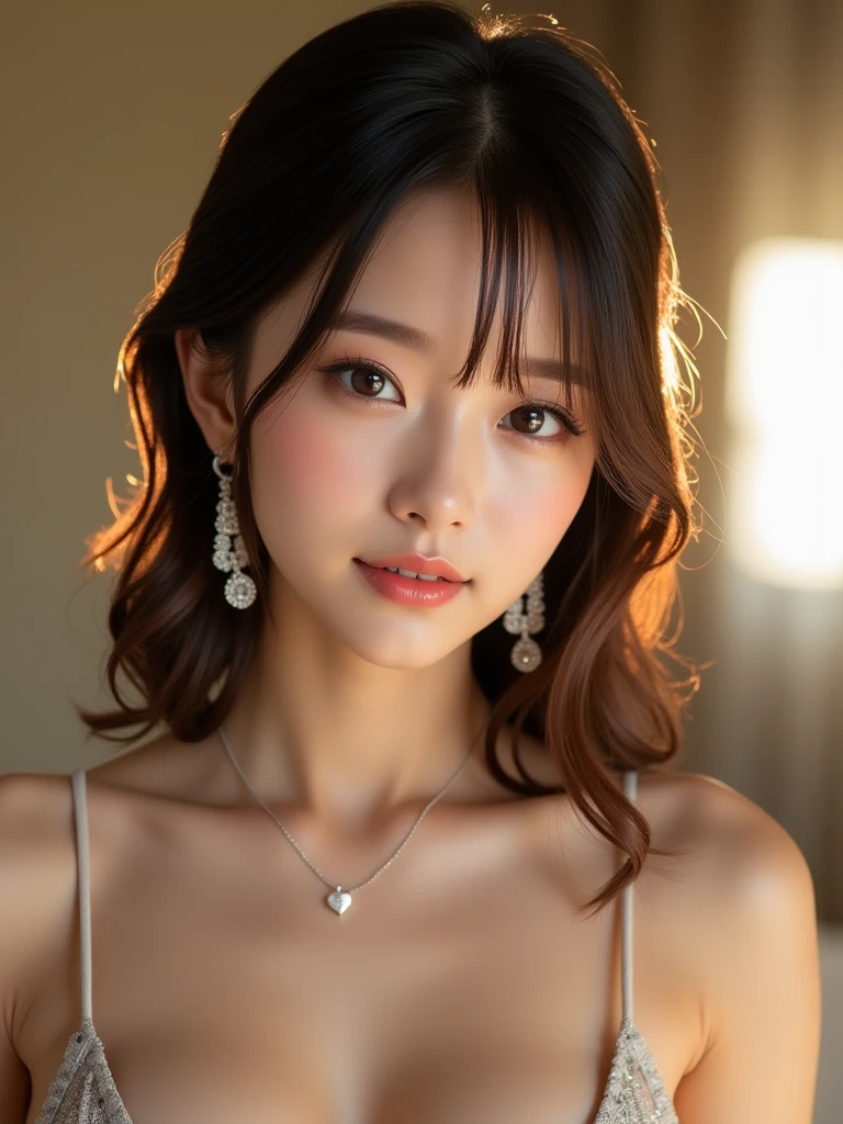 最high quality, masterpiece, High resolution, One Girl,whole body、camisole,Cleavage，hair ornaments,necklace, jewelry,Beautiful Face,in addition_body, Tyndall effect,Realistic, Dark studio, Rim Light, Two-tone lighting,(Skin with attention to detail:1.2), 8K Ultra HD, Digital SLR, Soft lighting, high quality, Volumetric lighting, Frank, photograph, High resolution, 4K, 8k, Bokeh,