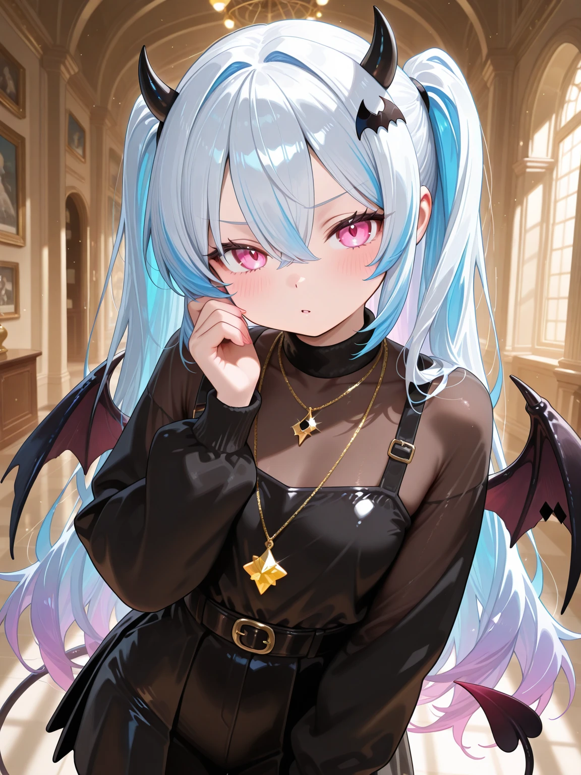(8k、Best image quality、highest quality、masterpiece)、Detailed face、((One ))、Black Hair、Bobcut、Blunt bangs、Bright Blue Eyes、Wicked Smile、((Grin))、score_9, score_8_superior, score_7_superior, score_6_superior, sauce_anime, masterpieceを破る, highest quality, night, Bedroom, moonlight, window, moon, Blurred Background, Backlight, One girl, alone, Melccubus \(Melnyaa\), Mel, Devil Girl, Give them orders, Red skin, Black Hair, Long Hair, Blunt bangs, horn, hair between horn, Pointed Ears, Yellow Eyes, Medium chest, Devil&#39;s Tail, Red tail, freckles, body freckles, blush, Put your finger to your mouth, Mischievous face, Grin, View Viewer, kimono,yukata