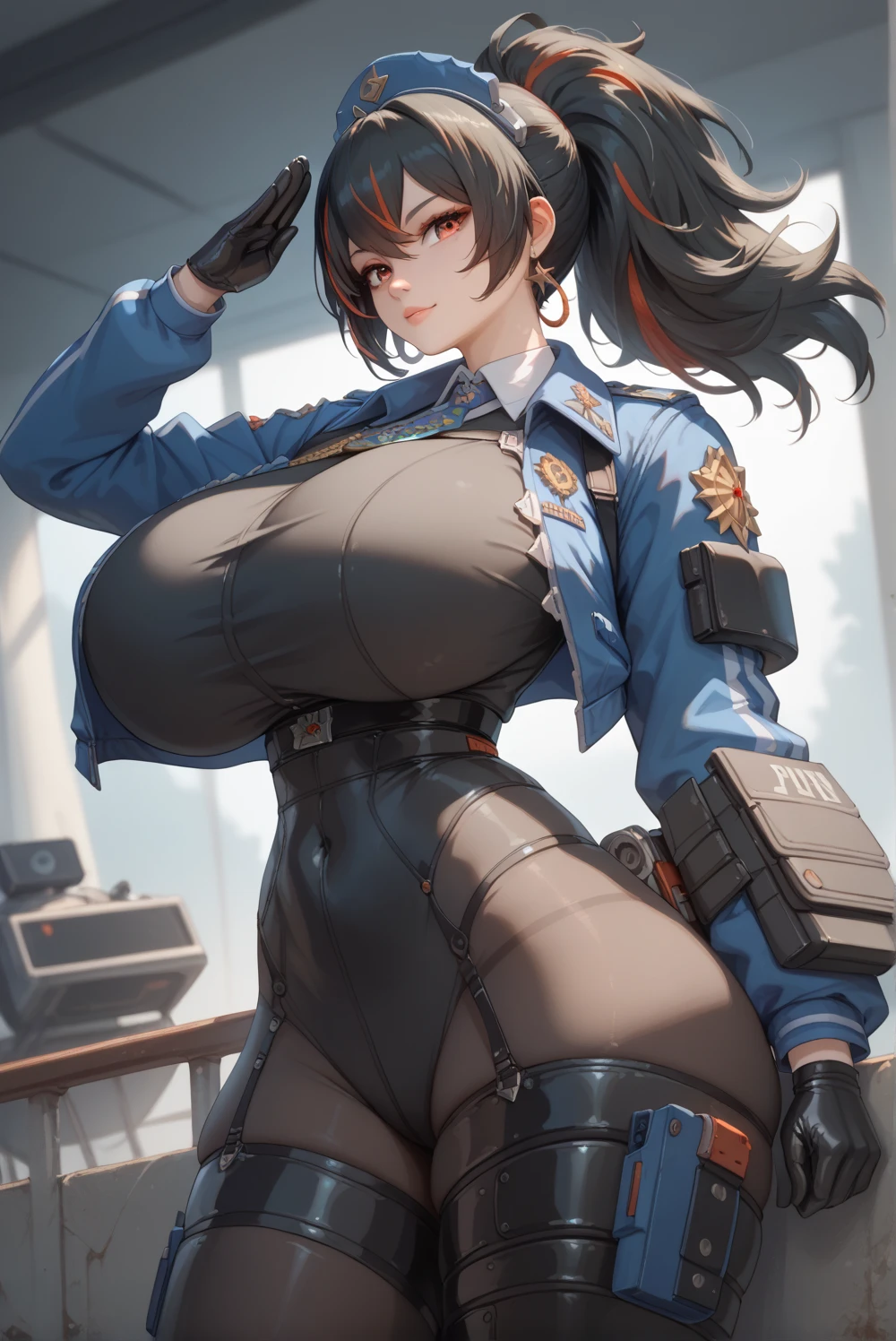 A girl with big breasts wearing a short outfit, This girl is small, 13 years old, she is excited