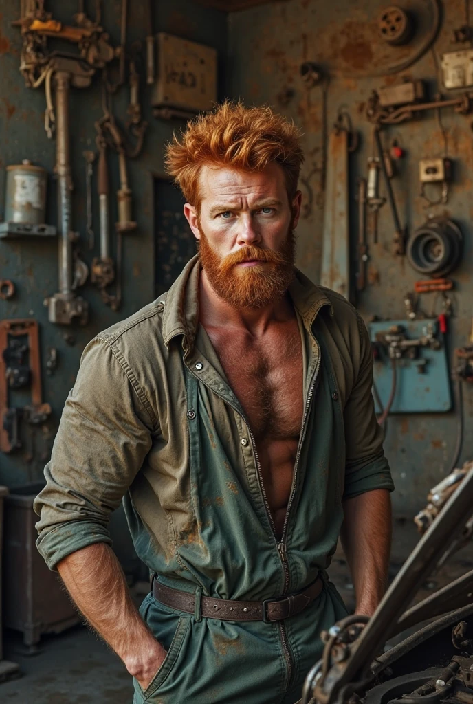 white man with red hair and beard, he is naked with his beautiful penis showing, he is dirty with grease, he is in a mechanic shop with old cars in the background