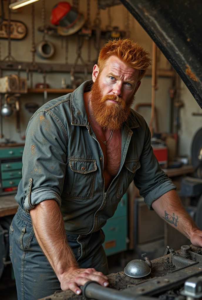 white man with red hair and beard, he is naked, he is dirty with grease, he is in a mechanic shop with old cars in the background
