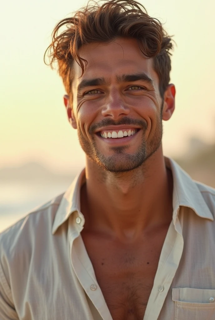 makes image of a white man, aged 35, model type, with short dark hair, with clear eyes, wearing a shirt buttoned up to the neck, posing sideways, wearing underwear, lying on the wet sand on a beach in the Algarve, smiling and looking at the camera