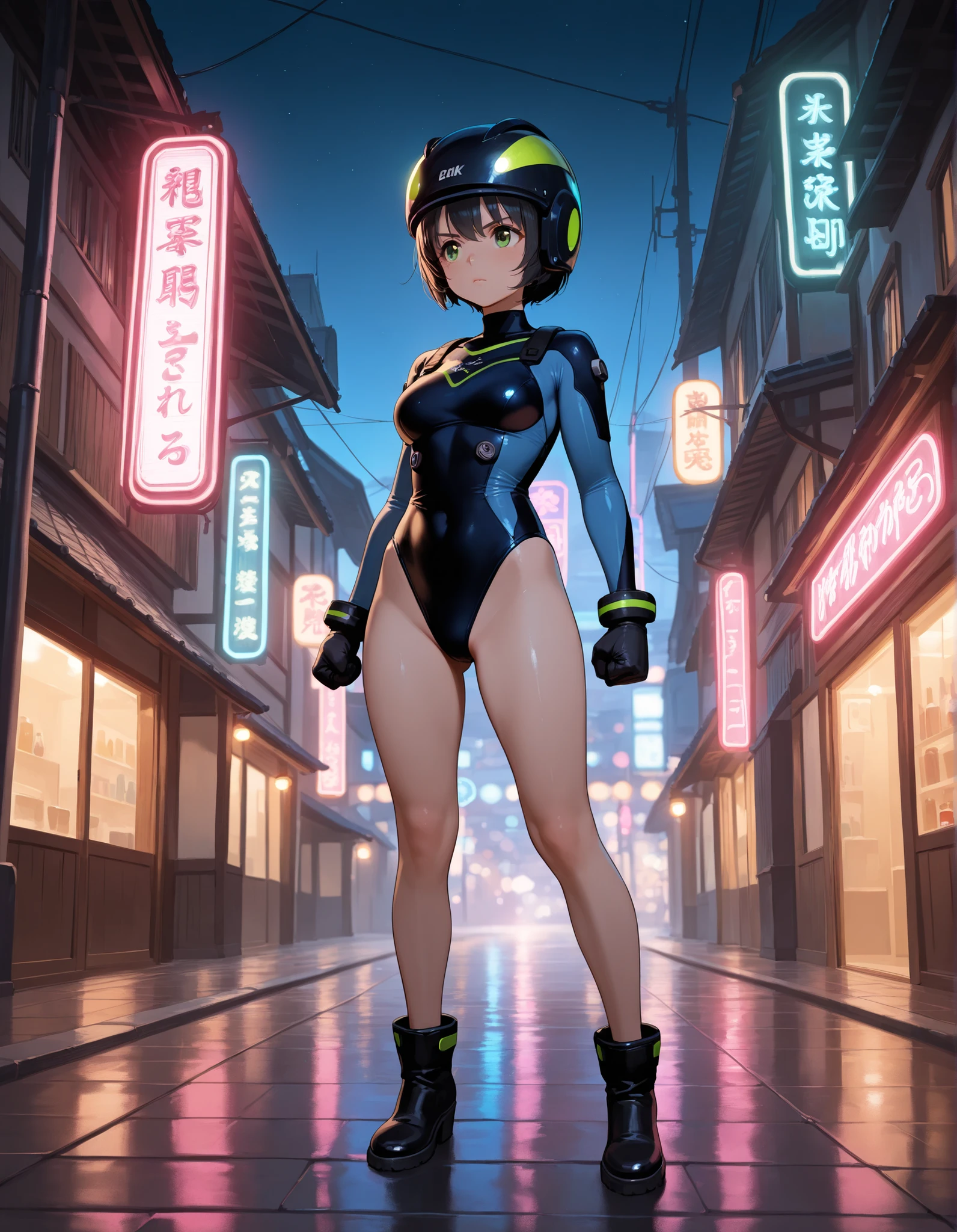 (masterpiece), best quality, highly detailed, detailed background, cinematic lighting, outdoor, 1girl, medium hair, medium breasts, leotard, bare legs, match boots, gloves, hands on hip, light particles, glow