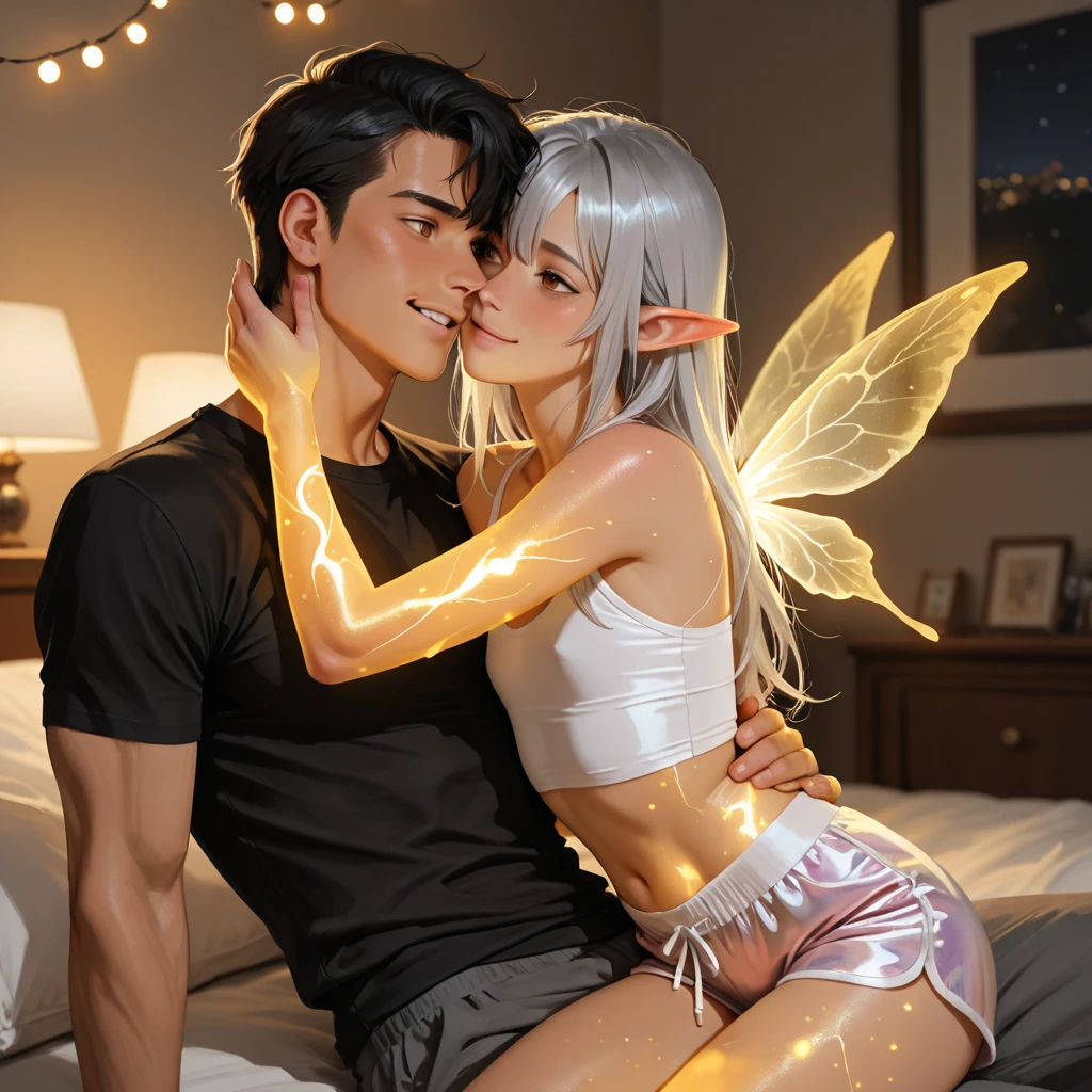 From behind, POV, Ass cheeks sex, (ass cheeks sex), masterpiece, best quality, illustration, ultradetailed, 1woman, white hair, man grabbing her ass, Cumming on her back, green eyes, long hair, breasts, white thigh highs, cleavage, green cat ear headphones, cyberpunk style green and white dress, short line skirt, 1hair ornament, (butterfly shaped mecha wings), embarrassed, bedroom, bed,