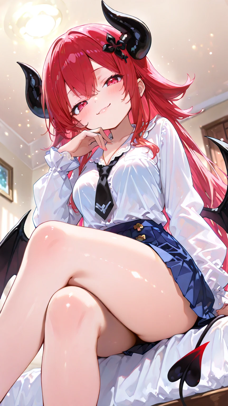 1boy, red hair, long hairstyle, lilac eyes, demon clothes, demonic wings, blood on face