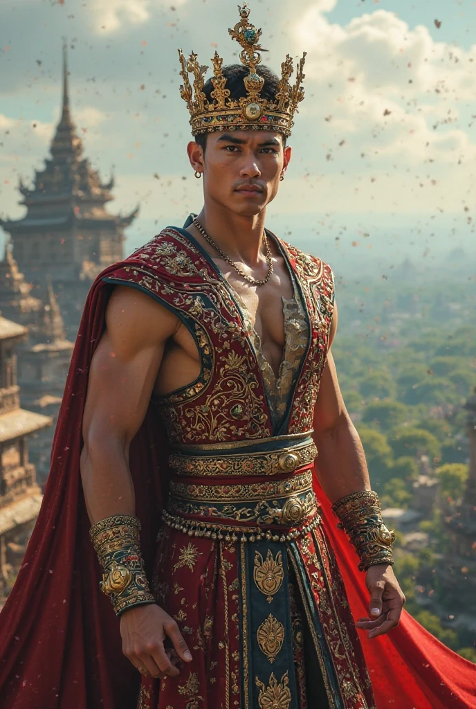 Photorealistic images of Indonesia's Acehnese superheroes, their sleek, Renaissance-inspired costumes, decorated with intricate traditional Acehnese patterns, look majestic against the backdrop of Aceh's Grand Mosque. The superhero surveys the bustling city of Aceh, his powerful wings shadowing the iconic buildings