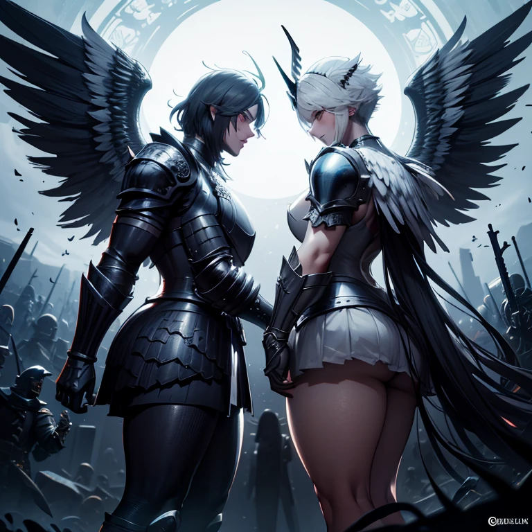 fantasy, 1angel_girl,child, loli,black_color_hair, medium_bob_hair, long_bangs, halo,bare_shoulder,thighhighs,(shiny_silver_armor:1.1), waist_armor, large_breasts,angry,smile,open_mouth1pair_wings, dynamic_ pose_fighting,floating, bare_crotch, covered_nipples, covered_pussy,headgear,gauntlet, greaves, pelvic_curtain, city_sky_background,slightly_spread_legs, solo, groin_naked,(masterpiece, best quality, best quality, official art, beautiful and aesthetic:1.2), (1 girl), very detailed,