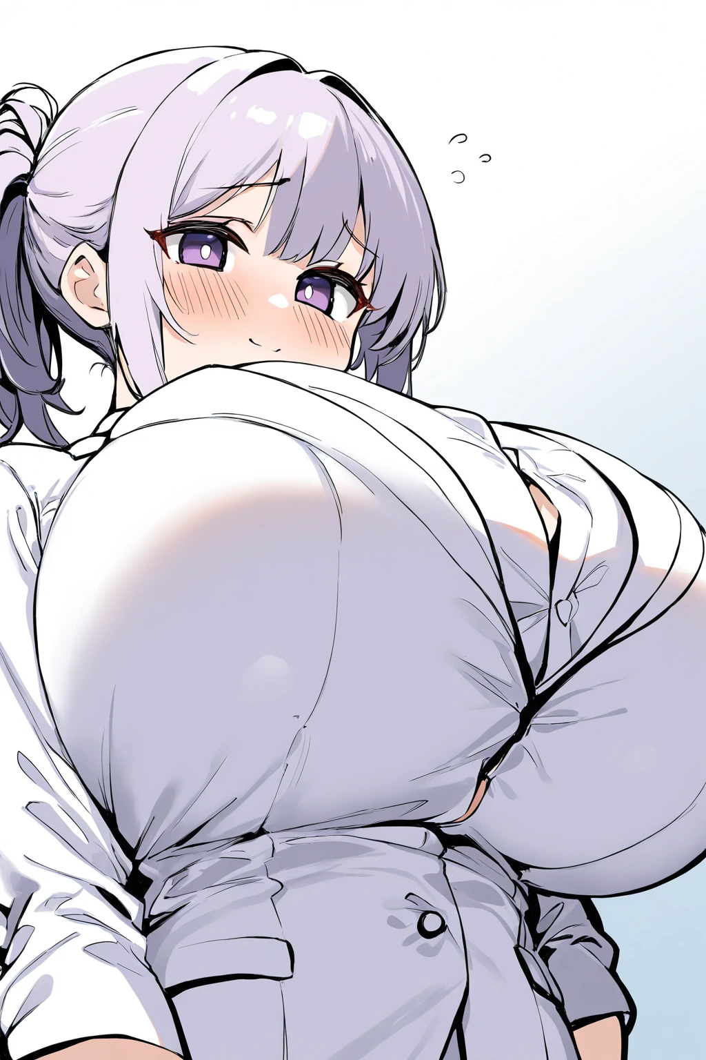 score_9, score_8_up, solo, source_anime ,BREAK,blunt bangs,ponytail,Yellow Eyes,Gray Hair,gigantic Big Breasts,Droopy eyes,((1girl)),White background,Areola,shiny skin,very big breasts,メイド,スッとキング,むちむちの太もも