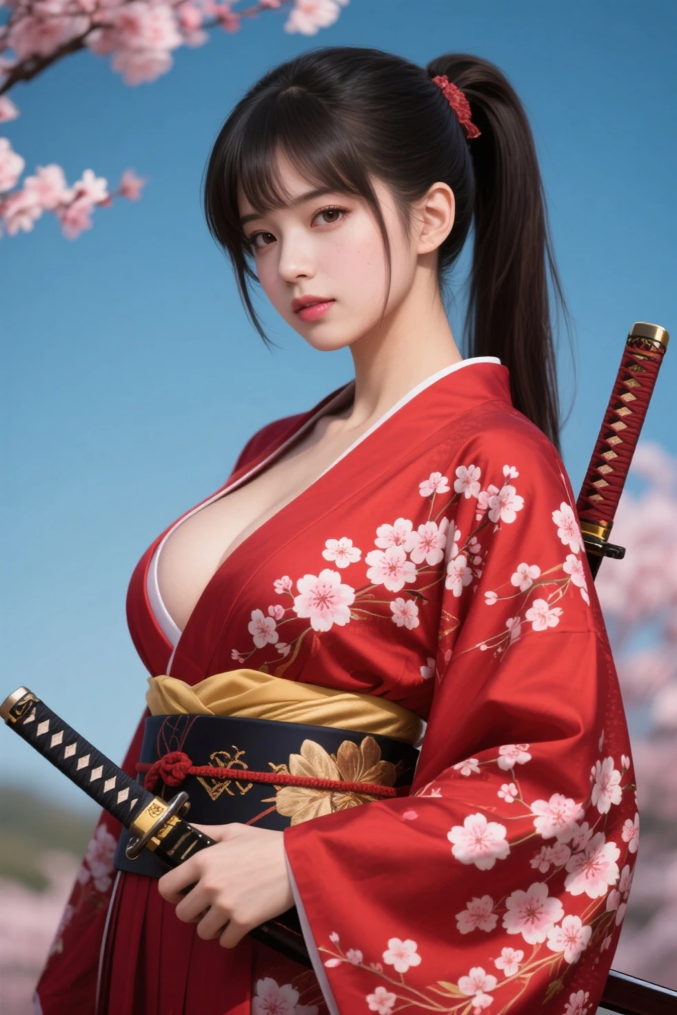(best quality,4k,highres,masterpiece:1.2),ultra-detailed,(realistic,photorealistic:1.37),(highest quality), (detailed), beautyful, Light Layer, Shiny skin, (intricate detailed, Tight clothes, wearing maroon gold kimono, Big breasts, topless, cleavage, hair ornaments:1.2), From above, Black Hair, Black choker, Long Hair, Hime cut, woman, Blunt bangs, Side Lock, Red eyes, Holding a walking stick,Holding a scythe,Holding a sword, (young woman:1.1), Side Ponytail  (Simple Background:1.1), standing, open legs, semen