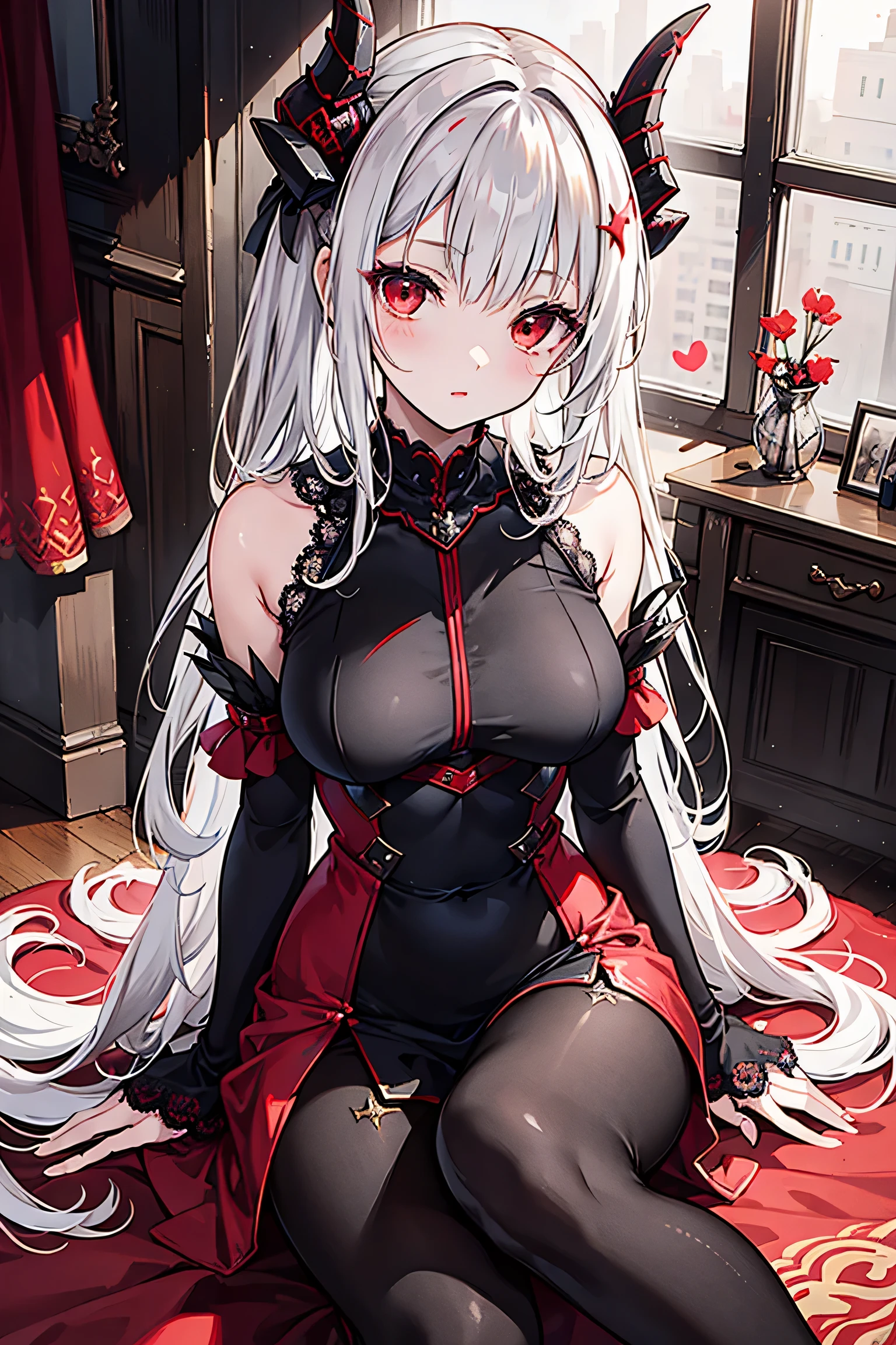 fancy,white long hair,red scarlet eyes, middle size chest,hour glass shape,
black stockings,fancy outfit,good quality