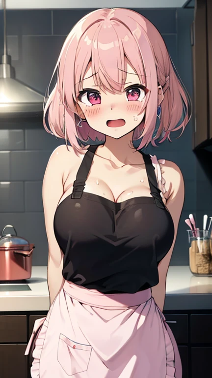 Highest quality、One woman、Full-body portrait of a beautiful woman in an apron、Random sexy poses、knit、Tea-colored hair, half-up style、Straight body type、Natural Lip、Beautiful breasts、Open kitchen