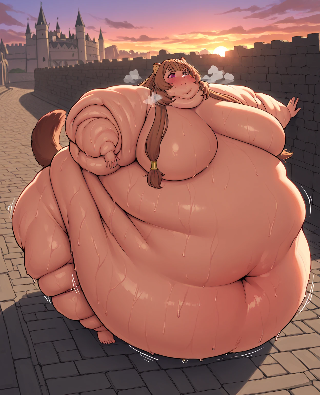 A ((human woman sorceress )) (shocked emotions:1.3) tavern background, (()) ,realistic anime style, tight dress, puffed cheeks, water inflation,  on all fours, (water spraying out of butt) spherical belly inflation  puffed legs, puffed arms