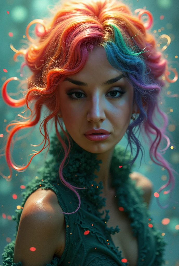 a beautiful woman with long, colorful hair, detailed face, detailed eyes, full lips, detailed facial features, delicate skin, elegant posture, complex elaborate hairstyle, colorful highlights in hair, intricate hair ornaments, decorative hair accessories, high fashion attire, complex elegant dress, detailed fabric textures, dramatic lighting, cinematic camera angle, photorealistic, 8k, hyper detailed, masterpiece, professional studio lighting, vivid colors, realistic
