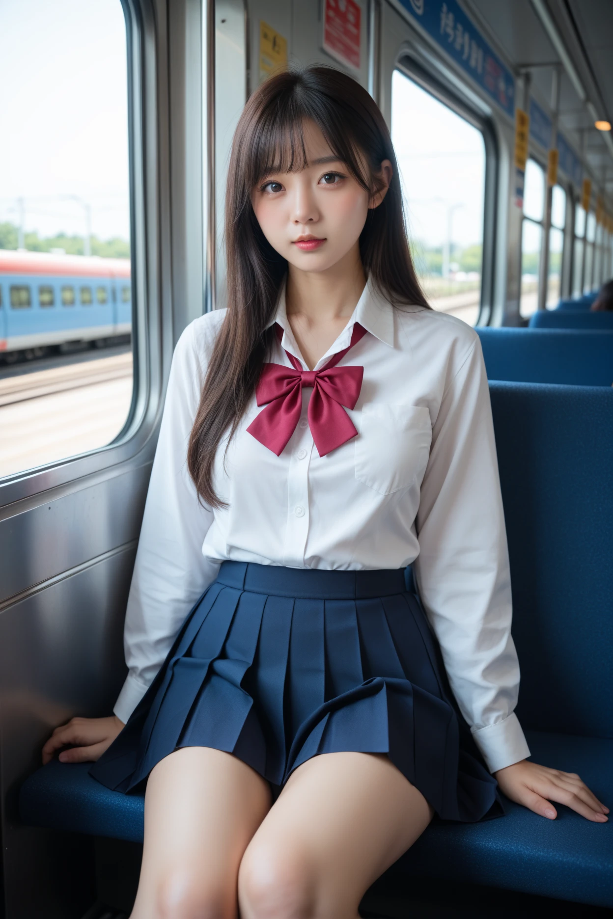 High angle shot、Center View、An Asian woman in a short skirt and bow tie is sitting on a train、Cute school girl、Japanese girls uniform、Wear Japan 、Japanese 、Surreal 、Dressed as a high school girl、Surreal 、Wearing a uniform、Realistic high school girl、Girl in uniform、Wearing a uniform、 Pause、Esbian all over、Beautiful skin、Glowing Skin、Nice thighs、Shining thighs、Shining Legs、barefoot , Japanese High School 、Nogizaka Idol、Korean Idol