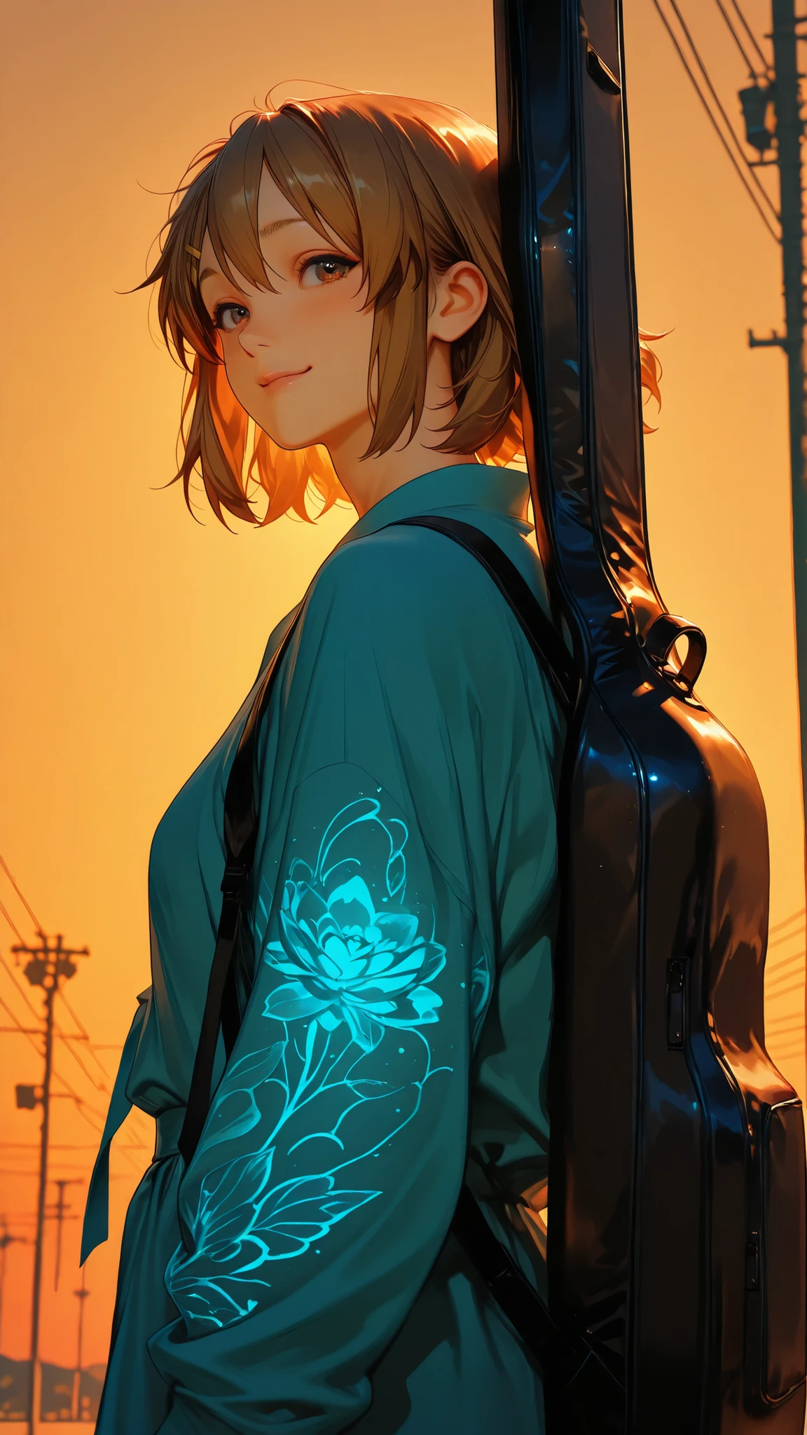 ultra-hyper-realistic, ultra-detailed, hyper-detailed texture ,high detailed, photorealism illustration, Hyper detailed texture, hyper realistic skin texture, high contrast, high aesthetic illustration, unique illustration, artistic art structure, fantasy illustration, anime inpired character, finetune texture, vivid color, Yui Hirasawa from K-On!, holding guitar case walking home at dusk, orange sky glowing behind, cheerful yet calm, anime soft lighting, 8k,