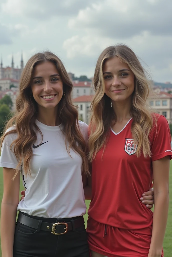 Imagine two women, long messy rainbow coloured hair, wearing hyperrealistic Germany football kits, smiling, public viewing