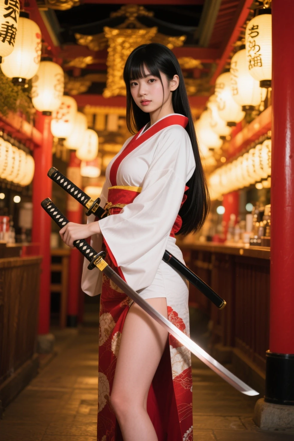 Long black hair Twin tails Red Mesh Holding a long wooden sword listening to music with white headphones Her short kimono shows off her long, slender legs.。Wearing white sneakers。Standing in front of a cherry blossom tree at night