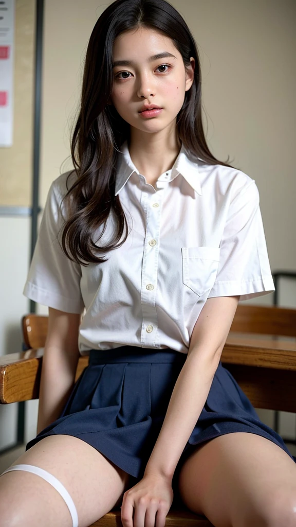 tmasterpiece, best qualtiy, 8k, offcial art, RAW photogr, Incredibly Ridiculous res, beuaty girl, Nice face, (sitted, cowboy lens, 校服, upper legs:1.2), white shirt, looking at viewert, Teenage uncensored, Classroom, hyper realisitc, A high resolution, photography of, Navy pleated skirt, filmgrain, color difference, Sharp focus, Face light, 动态照明, cinmatic lighting, highest details, extremy detailed, hyper-detailing, finedetail, extremelydetailedeyesandface,black pantyhoses