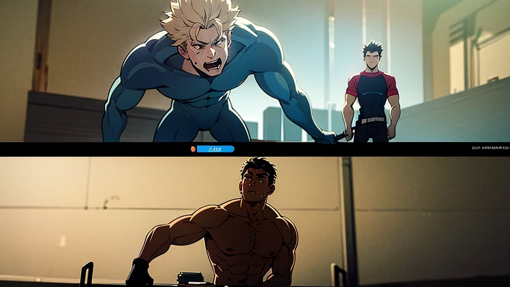 (Eine detaillierte Zeichnung von Hinata, male 15 years old, Bodybuilding-Fitnessstudio.), With a naked torso, oiled body, Ripping big muscles , the strongest of all, huge muscular body, big Bizeps, big shoulders, Muskelbeine,Abs, Barefoot, Full body image, wears only a thong, srheht on the competition stage and presents his muscles, Bodybuilding Contest, the oiled muscle body shines in the spotlight