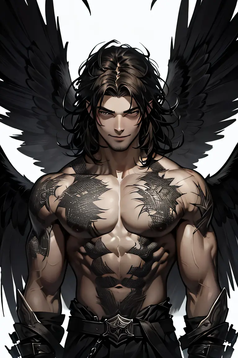 Envision a captivating scene where a man stands alone in an empty room, exuding an air of mystery and power. His black wings, unfurled and majestic, extend from his back, commanding attention and symbolizing a sense of otherworldly presence.
The man's hair, as dark as midnight, cascades around his shoulders, adding to his enigmatic allure. His dark brown eyes gaze with intensity, reflecting a depth of emotions and hidden secrets.
He stands shirtless, his bare torso revealing a toned physique, highlighting his strength and confidence. Subtle details, such as tattoos or scars, can be incorporated to further enhance his enigmatic nature, suggesting a history or story behind his appearance.
The room itself should be minimalistic, with stark walls and minimal furnishings, creating an atmosphere of isolation and focus on the man and his wings. Soft lighting can illuminate the scene, casting intriguing shadows that accentuate his presence.
This image captures the essence of a captivating and powerful figure, hinting at a story that lies beneath the surface. It evokes a sense of intrigue and invites viewers to wonder about the origins and significance of this extraordinary character.