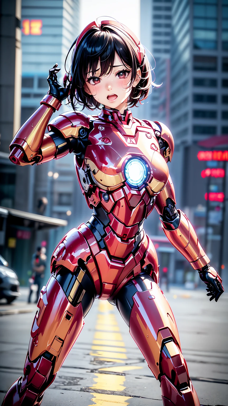 Highest quality　8k Iron Man Suit Girl　Elementary school girl　Sweaty face　Cute Smile　short hair　boyish　Steam coming from the head　My hair is wet with sweat　Black Hair　Glasses