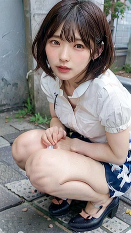 photo realistic, (masterpiece, best quality), 1girl,cute,show her panty,white beret hat,braid bunches hair,dark blue hair,mini skirt,over knee socks,white panty,(camel toe),see-through rainboots,baby face,eyes with large irises, small mouth, fresh lips,nose blush,5finger, smiling, intricate details, depth of field,beautiful lighting, volumetric lighting, dynamic angle, (photographic portrait), sharp,